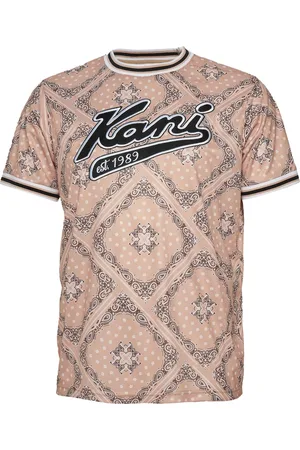 Karl Kani retro spliced paisley varsity jacket in blue and beige