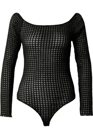 Black Mesh Crew Neck Longsleeve Thong Bodysuit