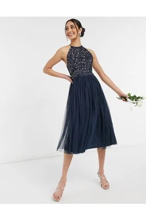 Maya Deluxe Maya Bridesmaid halter neck midi tulle dress with tonal delicate sequins in