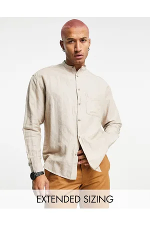 ASOS 90s oversized linen shirt with grandad collar in stone