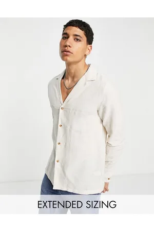 ASOS Regular linen shirt with deep revere collar in stone