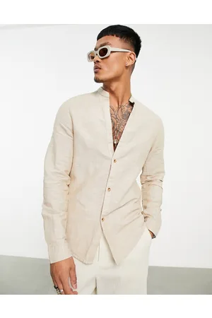 ASOS Homem Formal - Regular shirt in linen with grandad collar in beige