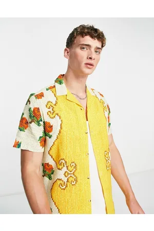 ASOS DESIGN Revere shirt in linen mix cross stitch floral print
