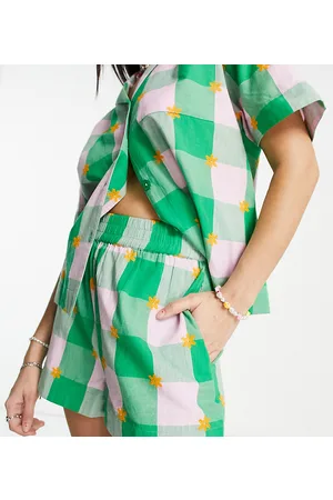 COLLUSION Check pull on shorts co-ord with embroidery in pink and green