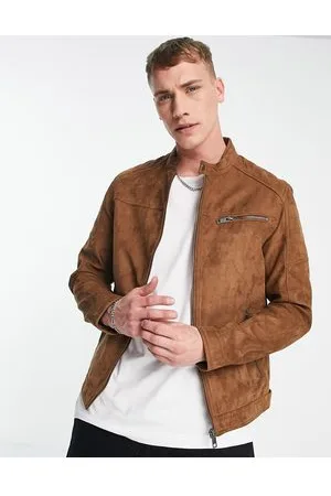JACK & JONES Essentials biker jacket in faux suede tan