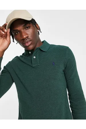 Ralph Lauren Icon logo slim fit long sleeve pique polo in dark marl