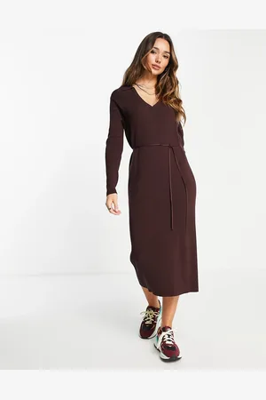 ASOS DESIGN wrap front collar long sleeve midi dress with tie waist in  terracotta