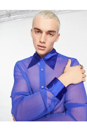 ASOS Regular sheer shirt with 70s collar in cobalt