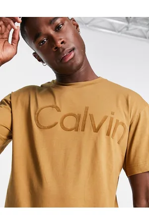 Calvin Klein Large flock logo comfort cotton t-shirt in tan