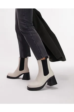 Topshop Bay square toe heeled chelsea boot in off