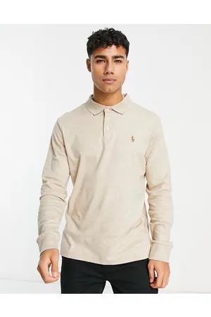 Ralph Lauren Multi icon logo pima cotton long sleeve polo in sand marl
