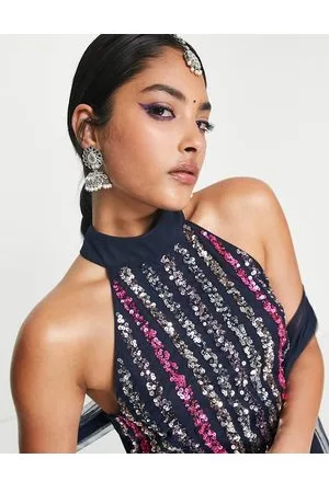 Maya Deluxe Maya stripe sequin halter crop top in multicolour co-ord