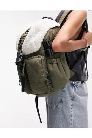 Topshop Beth quilted borg backpack in khaki