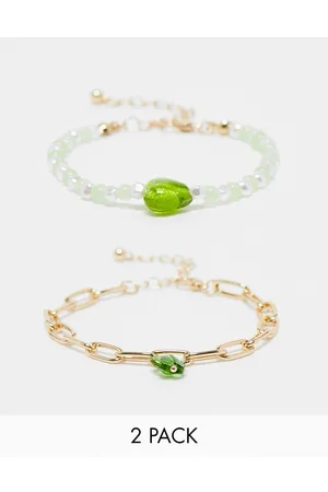 Ashiana Mulher Pulseiras - Pack of chain and pearl bracelet with green glass details.