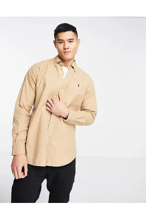 Ralph Lauren Icon logo brushed flannel shirt custom regular fit in khaki beige