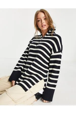 Monki Oversized zip neck jumper in navy and off white stripe
