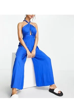 Esmée Esmee Exclusive beach jumpsuit with cross over halter detail in cobalt