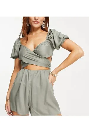 Esmée Esmee Exclusive beach wrap front playsuit with shirred back in aloe