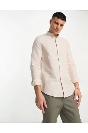 ASOS Homem Camisa Formal - Regular fit smart linen shirt with mandarin collar in ecru