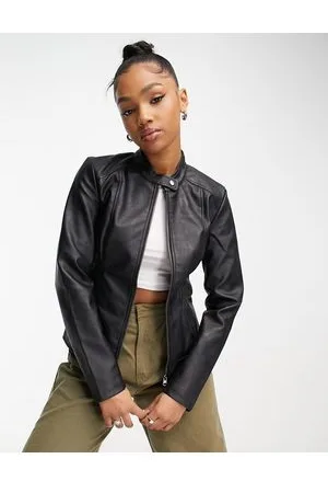 JDY Collarless faux leather jacket in