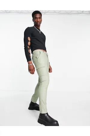 ASOS Homem Calças Cargo - Super skinny cargo trousers in matt leather look - KHAKI