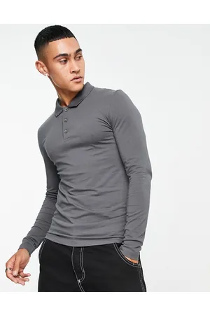 ASOS Long sleeve muscle fit polo in charcoal