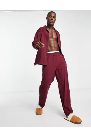 ASOS Pyjama set with long sleeve shirt and trousers in jersey in burgundy
