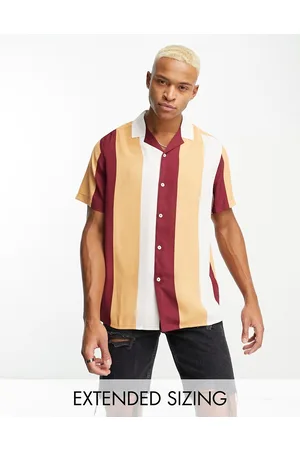 ASOS Homem Camisas Casual - AO DEIGN relaxed revere retro stripe shirt in burgundy