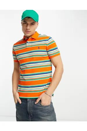 Ralph Lauren Icon logo stipe pique polo custom fit in orange