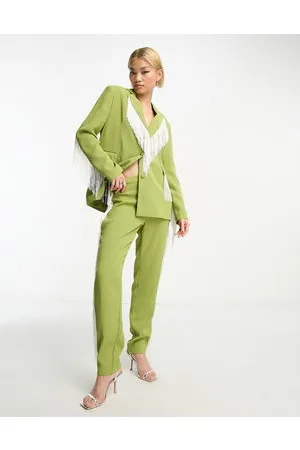 Extro & Vert Premium straight leg trousers with fringe in & white co-ord