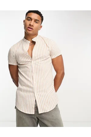 ASOS AO DEIGN skinny stripe shirt with roll sleeve in tan