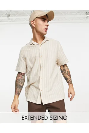 ASOS Relaxed revere linen mix stripe shirt in beige