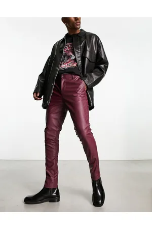 ASOS Homem Calças em Pele - Leather look skinny trousers in burgundy