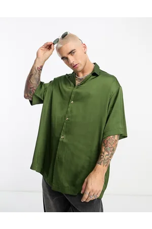 ASOS Homem Camisas Casual - Longline oversized satin shirt khaki