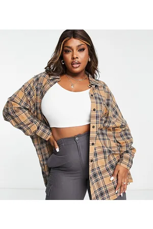 ASOS Homem T shirts com bolso - ASOS DESIGN Curve brushed boyfriend shirt with pocket in camel check