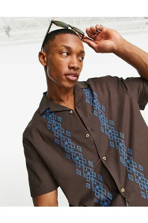 ASOS Homem Camisas Casual - Relaxed revere linen mix shirt in with embroidered border