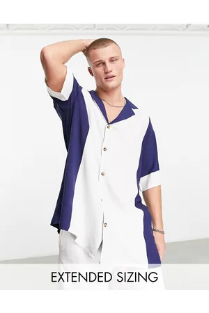 ASOS Homem Camisas de Manga curta - Dropped shoulder longline viscose bowling shirt in cut and sew