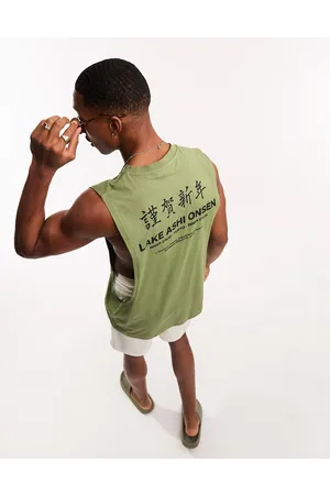 ASOS Homem T-shirts & Manga Curta - Relaxed vest in khaki with text back print