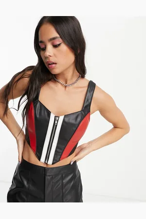 ASOS DESIGN stretch faux leather bralet with mesh detail in black co-ord