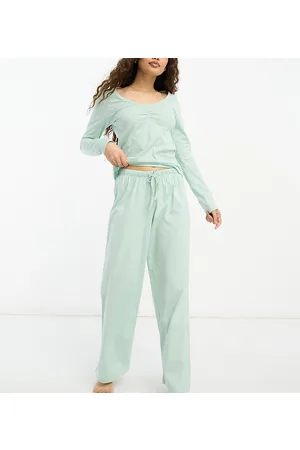ASOS Mulher Calças - ASOS DESIGN Petite mix & match cotton pyjama trouser in sage
