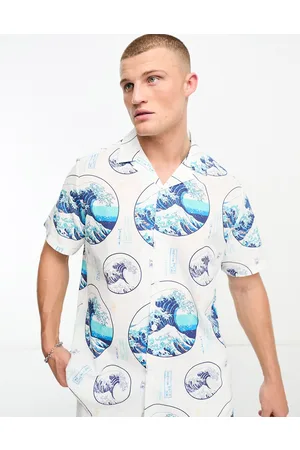 ASOS Homem Camisas Casual - Relaxed revere linen look shirt in Hokusai print