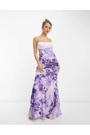 ASOS Mulher Vestidos Estampados - Satin mix cami cut out waist maxi dress with cross strap detail in purple floral print