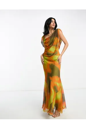 ASOS Mulher Vestidos Estampados - Drape one shoulder maxi dress in yellow blurred abstract print
