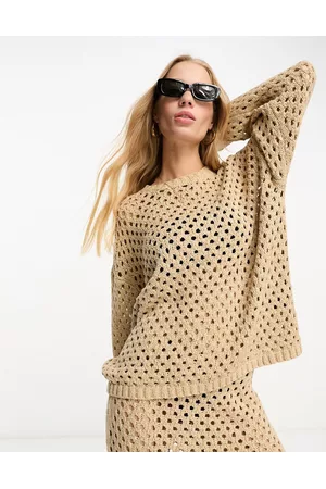 ASOS Mulher Tops de Malha - Crew neck long sleeve knitted top in camel