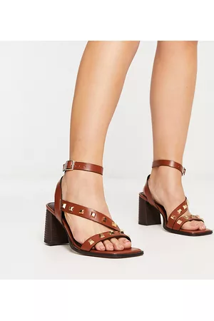 ASOS Mulher Sandálias - Wide Fit Halter studded mid heeled sandals in tan