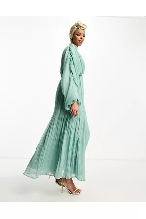 ASOS Mulher Vestidos Compridos - Micro pleated batwing trapeze maxi dress in sage