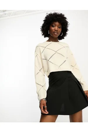 Noisy May Pointelle wide neck jumper in cream