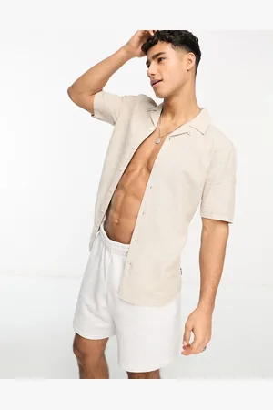 Only & Sons Linen mix revere collar shirt in beige