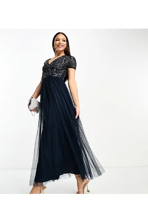 Maya Deluxe Bridesmaid short sleeve maxi tulle dress with tonal delicate sequin in