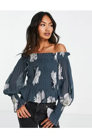 AllSaints Lara Cordelia off shoulder top in smoke floral